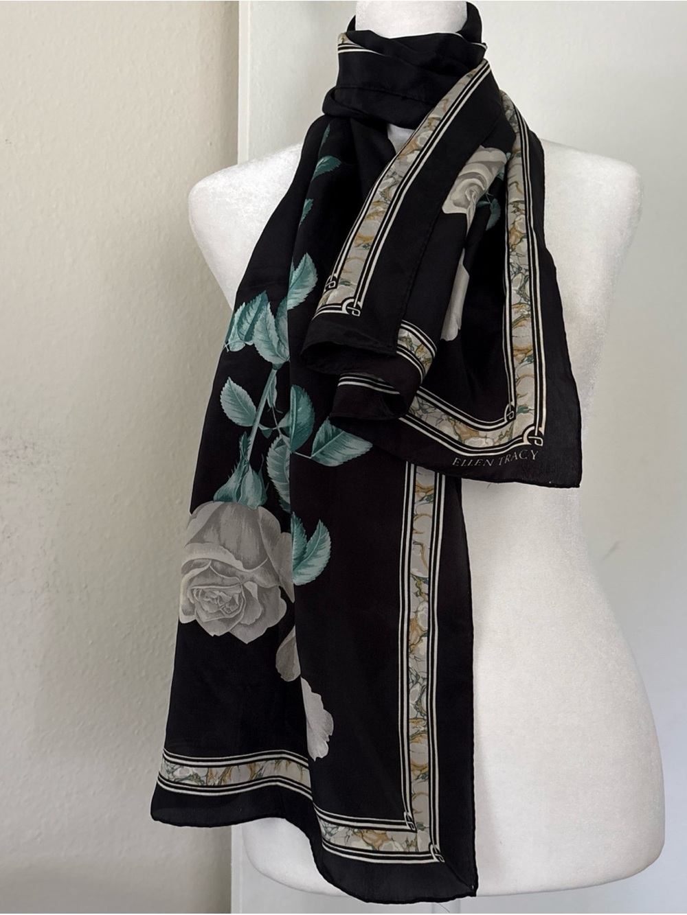 Ellen Tracy Black Floral Silk Scarf with Green Leaves